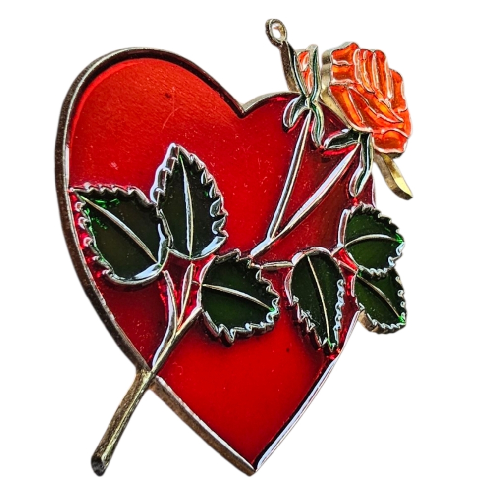 Vintage - Acrylic Stained Glass Heart & Rose 3.75x5" - Picture 2 of 3